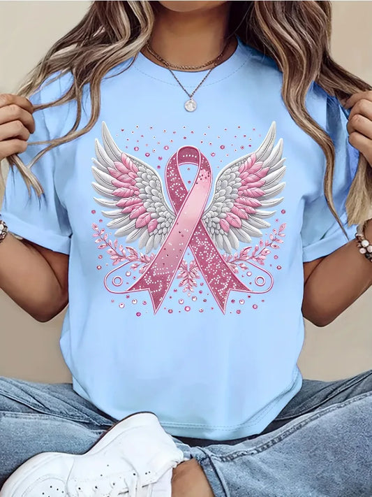 Women Breast Cancer Awareness Ribbon and Angel Wings Print T-Shirt Crew Neck Casual Top for Spring Summer and Fall Everyday Wear