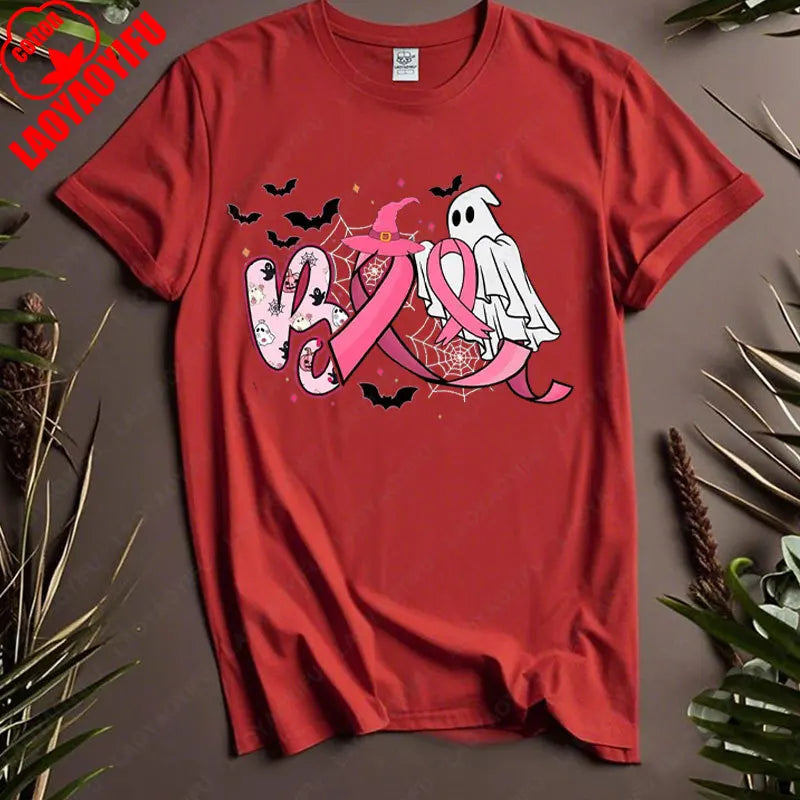 Boo Halloween Pumpkin Ghost Tee Men Women Cotton Tops in October We Wear Pink Ribbon Witch Roupas Breast Cancer Awareness Tshirt