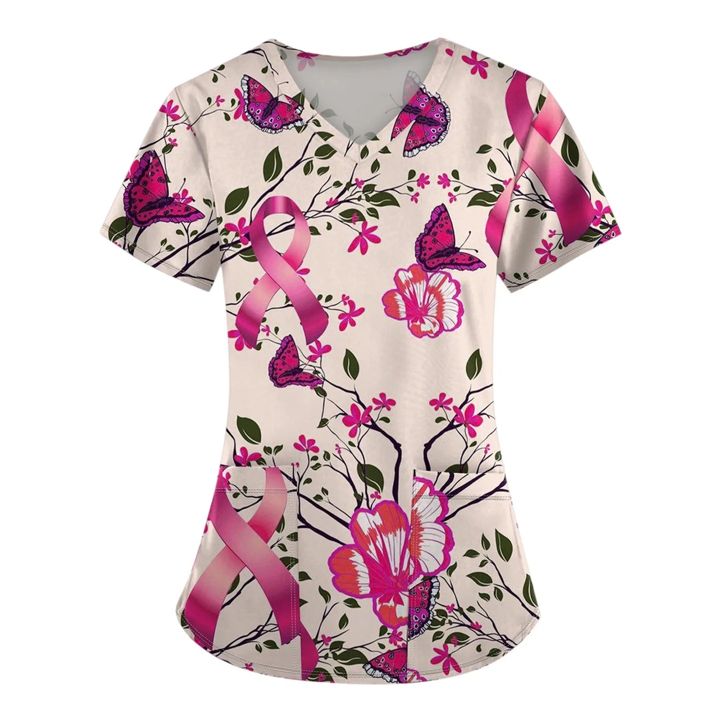 Scrub Medical Woman Breast Cancer Scrub Tops for Women V Neck Short Sleeve Cute Ribbon Prints Mock Blouse Black Medical Uniforms
