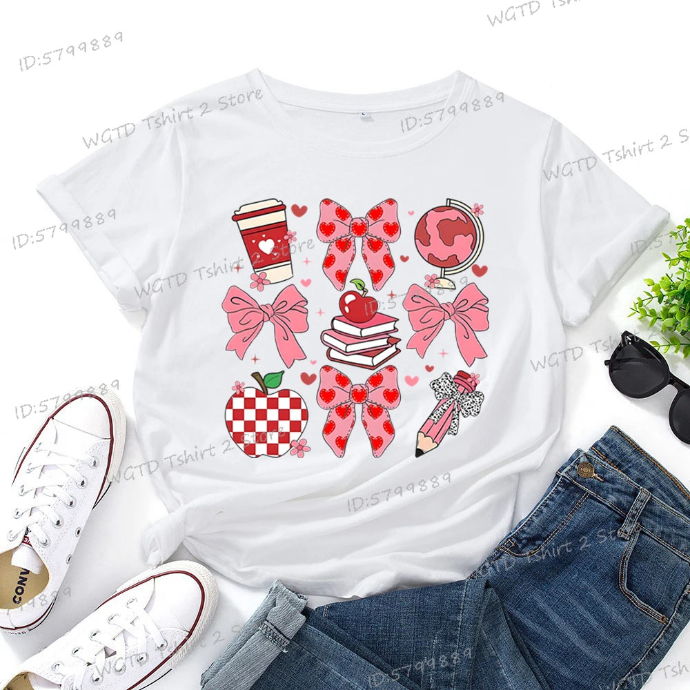 Teacher's Day Graphic Print T-Shirt Teacher Gifts Pink Bows Coquette Crewneck Clothing Back To School Shirt Cute Teacher Tees
