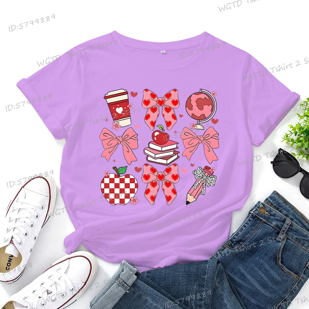 Teacher's Day Graphic Print T-Shirt Teacher Gifts Pink Bows Coquette Crewneck Clothing Back To School Shirt Cute Teacher Tees