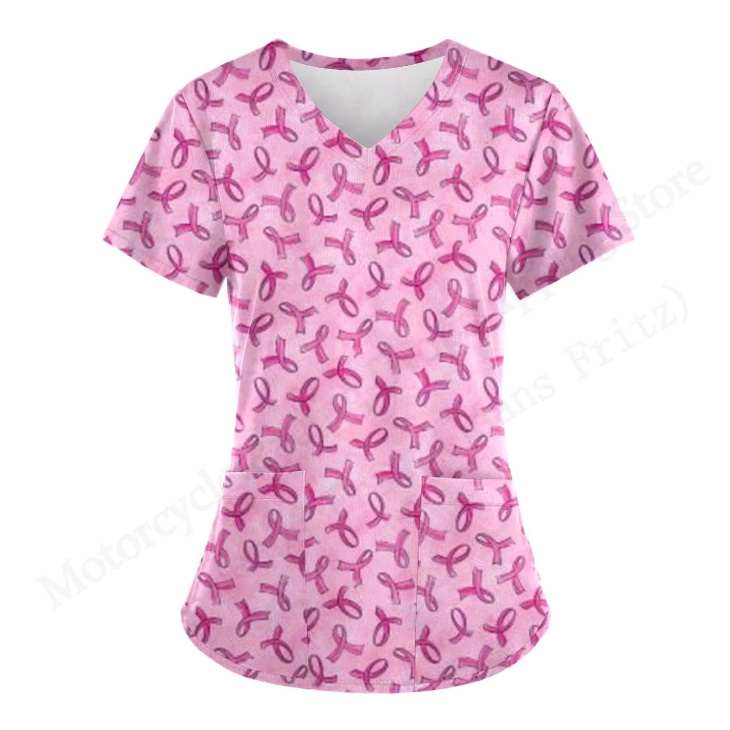 Love Nurse Uniform Scrubs Medical Uniform Pink Ribbon 3D Print V-Neck Pocket Short Sleeve Medical Uniforms Working Clothes New