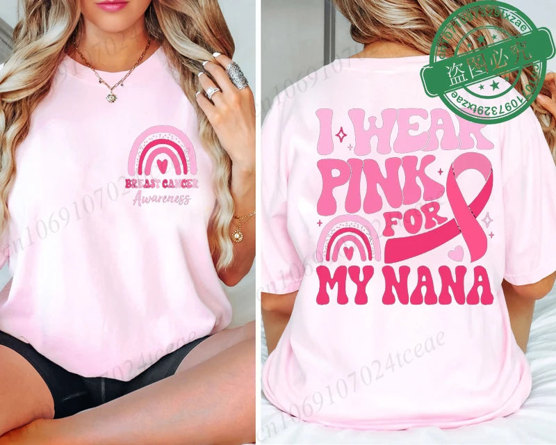 the PINK FOR - I Wear Pink for Breast Cancer Print Women T-Shirt, Pink Ribbon Support Squad Shirt for Women, Fashion Casual Clothes Summer T-Shirt
