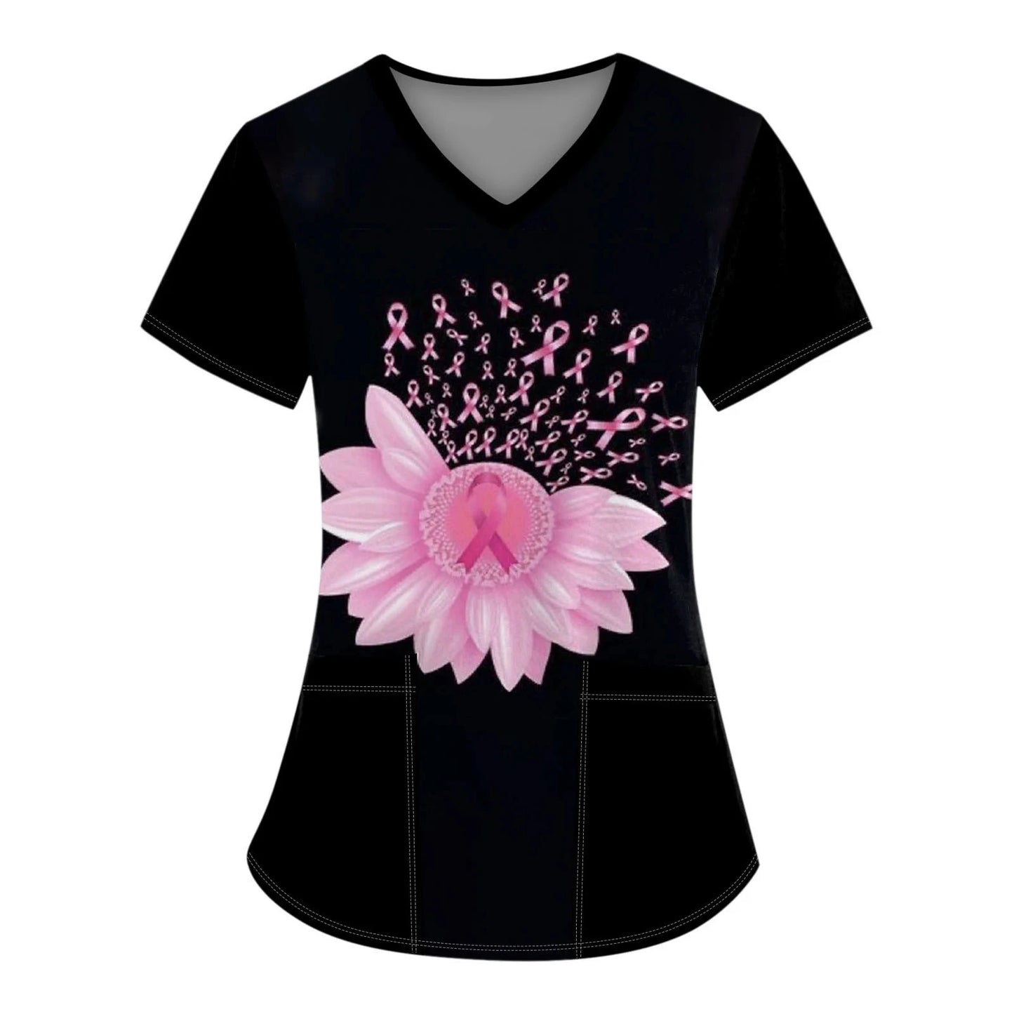 Scrub Medical Woman Breast Cancer Scrub Tops for Women V Neck Short Sleeve Cute Ribbon Prints Mock Blouse Black Medical Uniforms