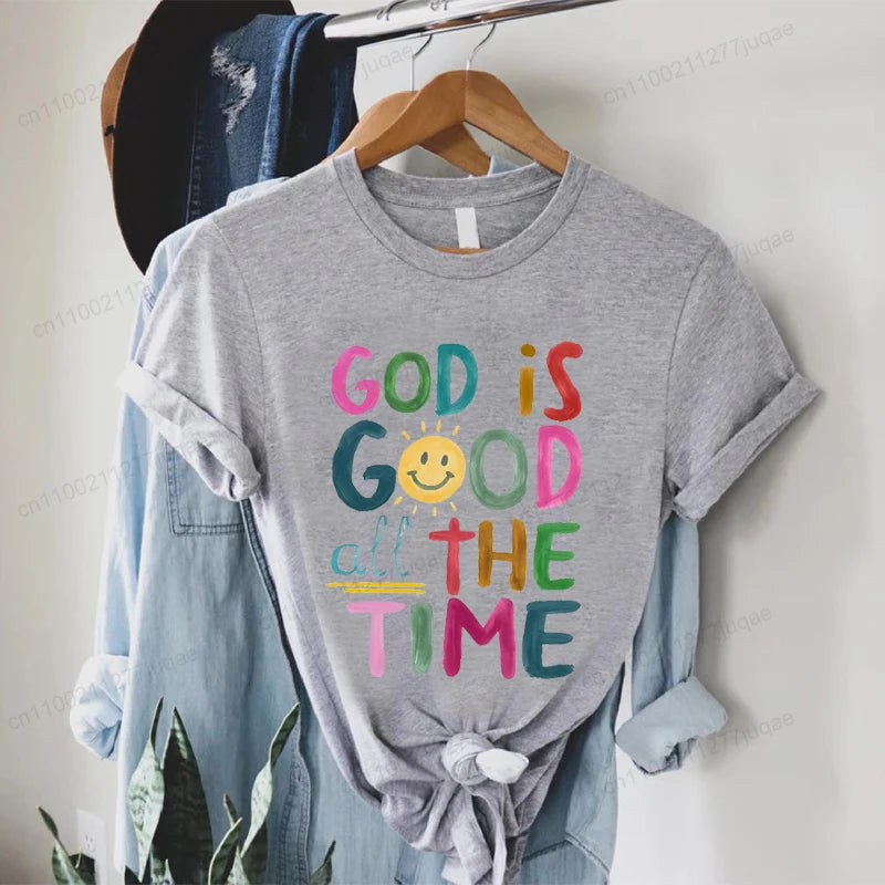 the GOD IS GOOD - God Is Good All the Time Print T-Shirts, Women Summer T Shirt Bible Verse Funny Tops Tee, Christian Jesus Female Casual Clothing