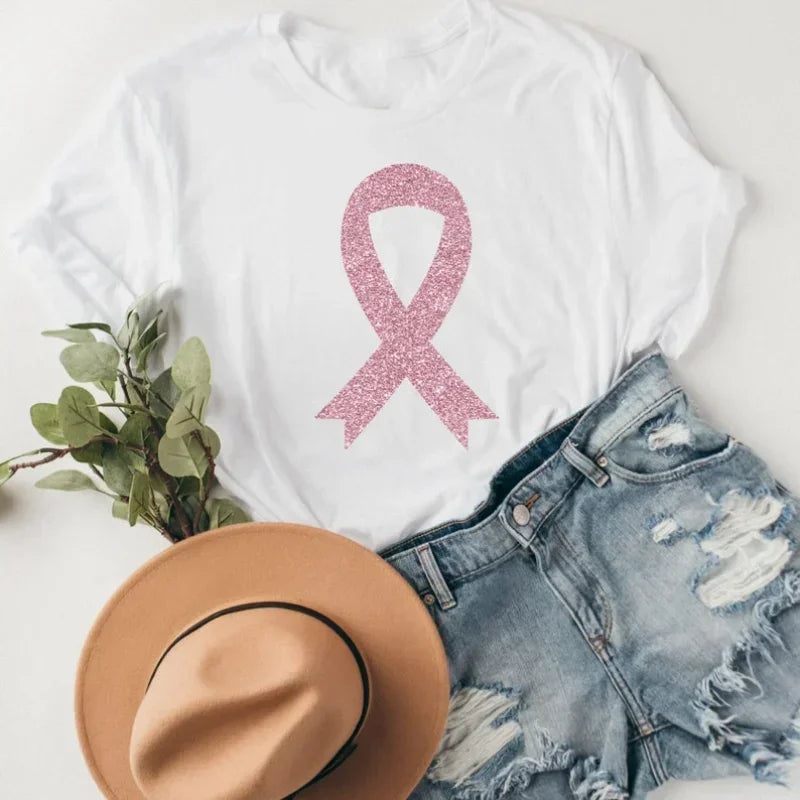 Ribbon Print Breast Cancer Awareness Shirts Cancer Survivor Shirt Pink Ribbon Shirt Breast Cancer Awareness Gift Tees Cotton Tee