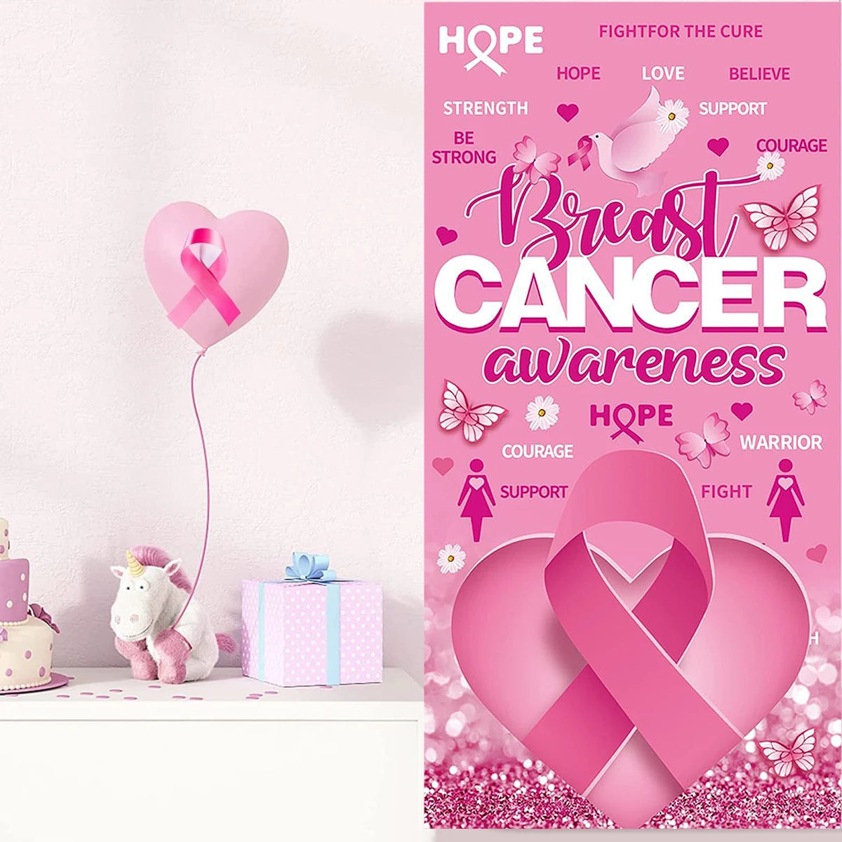 1Pcs Breast Cancer Awareness Decorations Door Banner Hope Strength Courage Faith Banners for Breast Cancer Awareness Decor