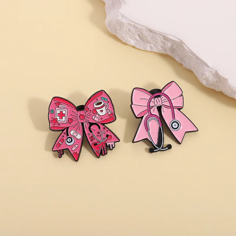 Pink Bow Stethoscope Enamel Pin Doctors Nurses Medical Series Brooches Lapel Backpack Badge Jewelry Accessories For Friends