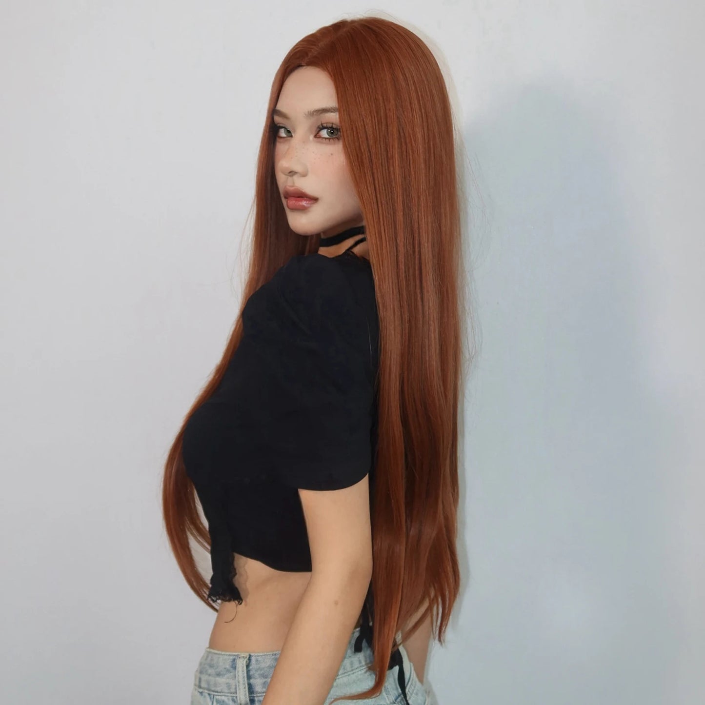 the ANNIE - Copper Ginger Brown Long Straight Wig, Synthetic Women's Wigs Middle Part Cosplay Daily Use Natural Hair Heat Resistant Fibre