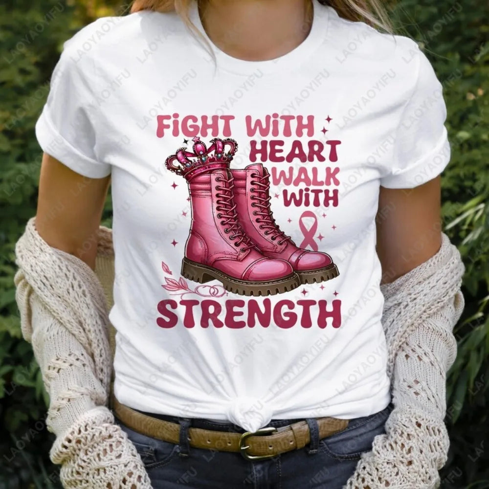 Fight with Heart Walk with Strength Shirt Breast Cancer Awareness Tshirt Cancer Fighter T-shirt October Pink Women Cotton Shirts