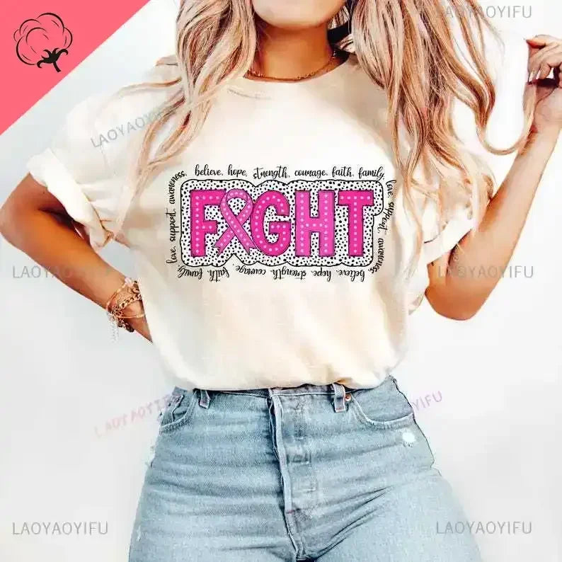 Breast Cancer Awareness Fight Print T Shirt in October We Wear Pink Awareness Ribbon Aesthetic Clothes Pink and White Tops Shirt