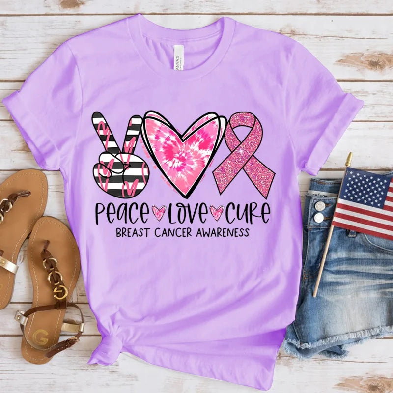 the PEACE LOVE CURE - Breast Cancer Awareness T-Shirt for Women