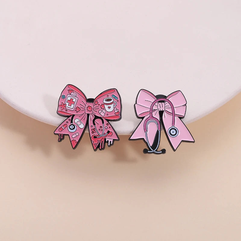 Pink Bow Stethoscope Enamel Pin Doctors Nurses Medical Series Brooches Lapel Backpack Badge Jewelry Accessories For Friends