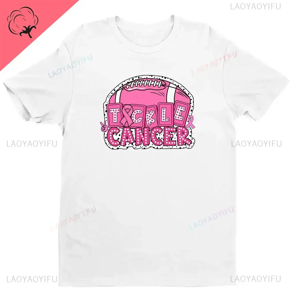 Breast Cancer Awareness Fight Print T Shirt in October We Wear Pink Awareness Ribbon Aesthetic Clothes Pink and White Tops Shirt