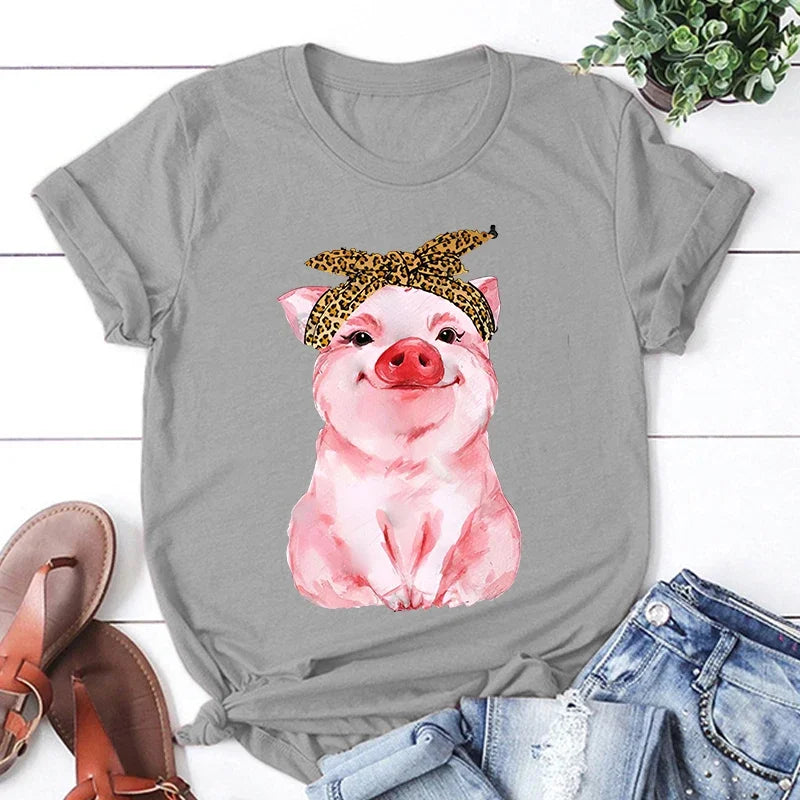 the LITTLE PIGGY - Cute Pig Print T-shirts for Women Summer Lovely Short Sleeve Casual Round Neck T-shirts Ladies Creative Personalized Tops
