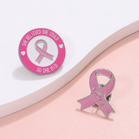 PBR098, 3 Pieces "She Believed She Could So She Did" Hope Pink Ribbon Breast Cancer Awareness Enamel Brooch Lapel Pin Badge