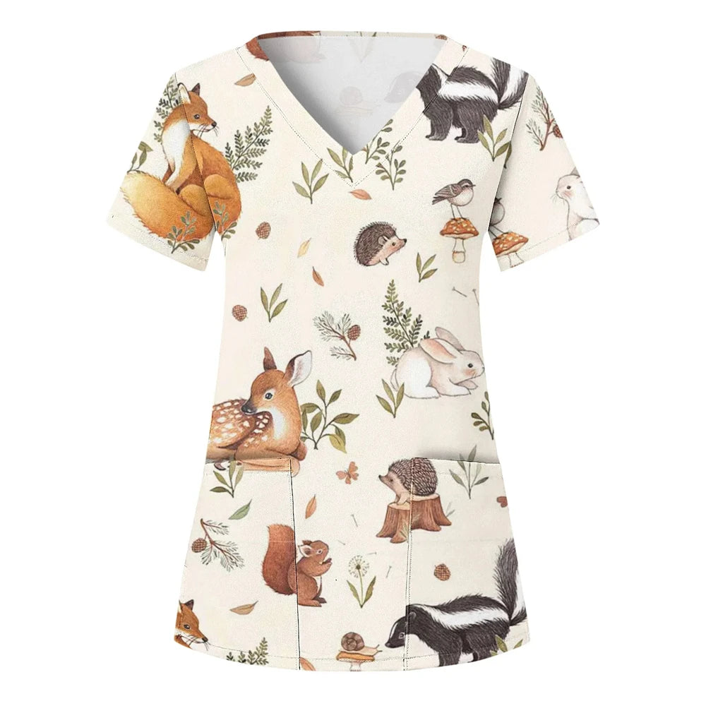 Wholesalers Clinical Uniform Woman Cat Cartoon Print Vet Nursing Tops V-Neck Short Sleeve with Pockets Tees Nurse Uniform Woman