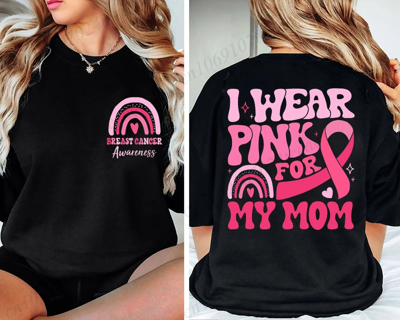 the PINK FOR - I Wear Pink for Breast Cancer Print Women T-Shirt, Pink Ribbon Support Squad Shirt for Women, Fashion Casual Clothes Summer T-Shirt