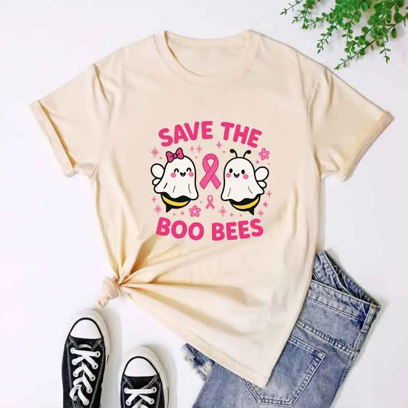 the SAVE THE BOO-BEES - Halloween "Save the Boo Bees" Tees, Funny Ghost Bee Breast Cancer Awareness T-Shirt, Cute Strong Women Pink Ribbon T-Shirt