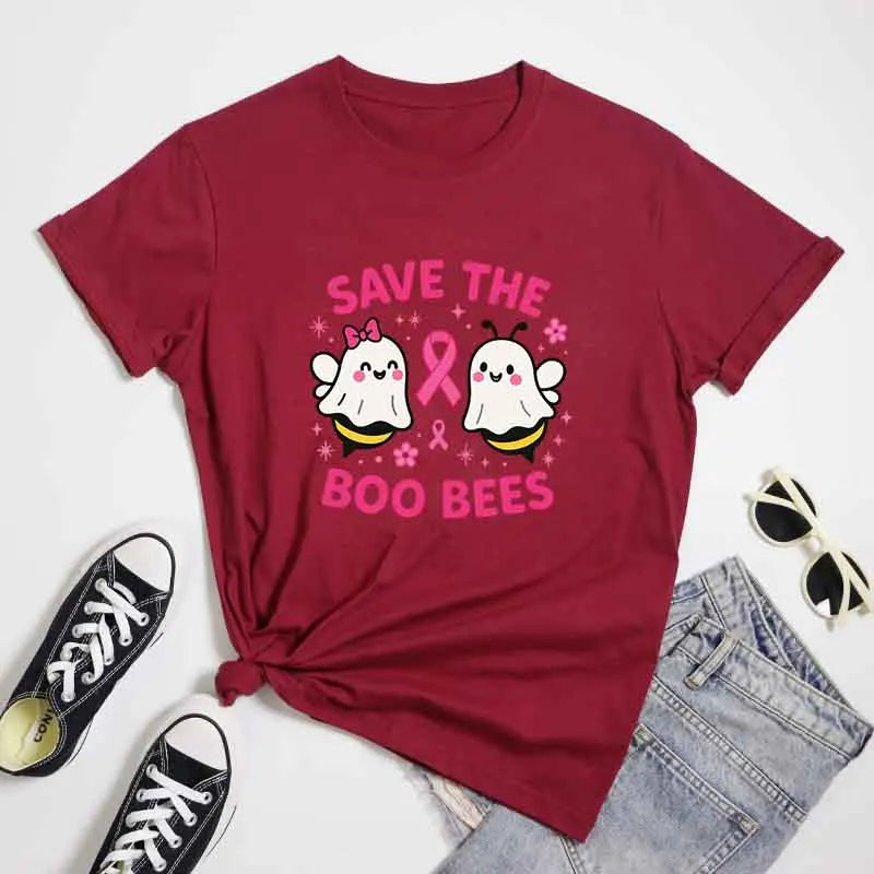 the SAVE THE BOO-BEES - Halloween "Save the Boo Bees" Tees, Funny Ghost Bee Breast Cancer Awareness T-Shirt, Cute Strong Women Pink Ribbon T-Shirt