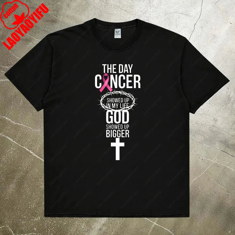 the GOD SHOWED UP - Breast Cancer Awareness Women Shirt, Breast Cancer Awareness God Showed Up Bigger Christian Quote T-Shirts Tops