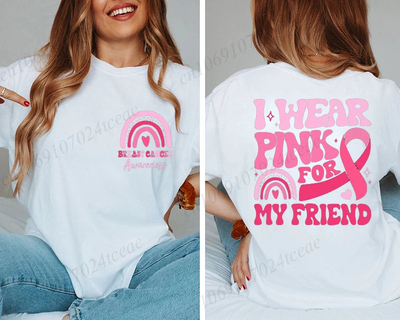 the PINK FOR - I Wear Pink for Breast Cancer Print Women T-Shirt, Pink Ribbon Support Squad Shirt for Women, Fashion Casual Clothes Summer T-Shirt