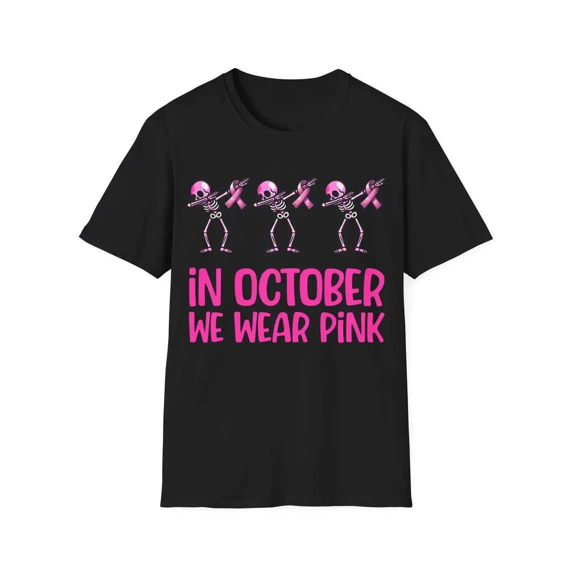 October Pink Ribbon T-Shirt Breast Cancer Awareness, Halloween Skeleton Graphic T-shirt, Short Sleeve Crew Neck Casual Top