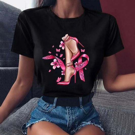 the GLAM GIRL - Breast Cancer Awareness Print T-Shirt, Women Pink High Shoes T-Shirt, Summer Short Sleeve T-Shirt Female