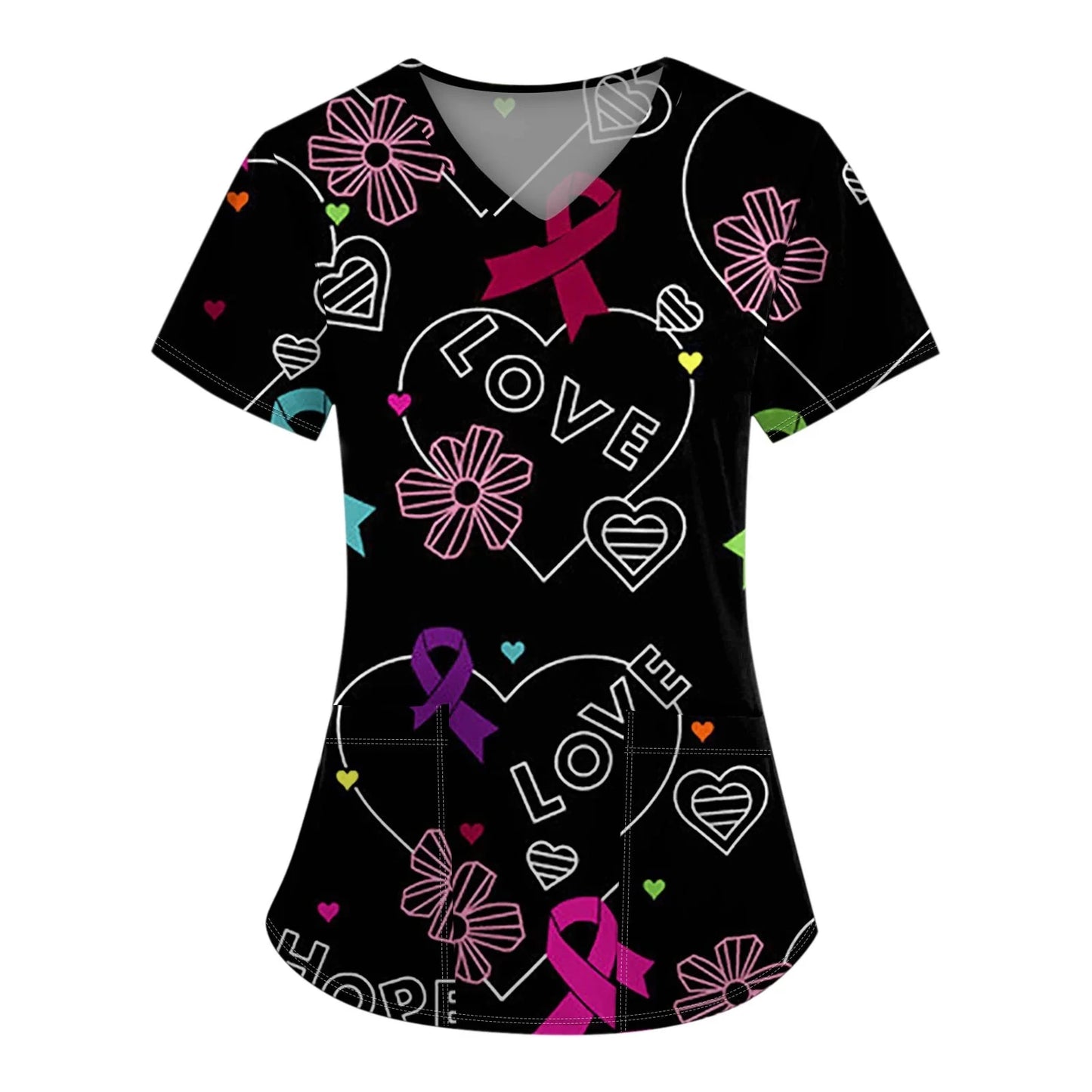 Scrub Medical Woman Breast Cancer Scrub Tops for Women V Neck Short Sleeve Cute Ribbon Prints Mock Blouse Black Medical Uniforms
