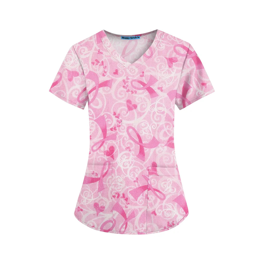 Surgical Uniforms Woman Pink Ribbon Print Heal Nurse Tops V-Neck Short Sleeve Patch Pocket Cancer Fighter Clinical Uniform Woman
