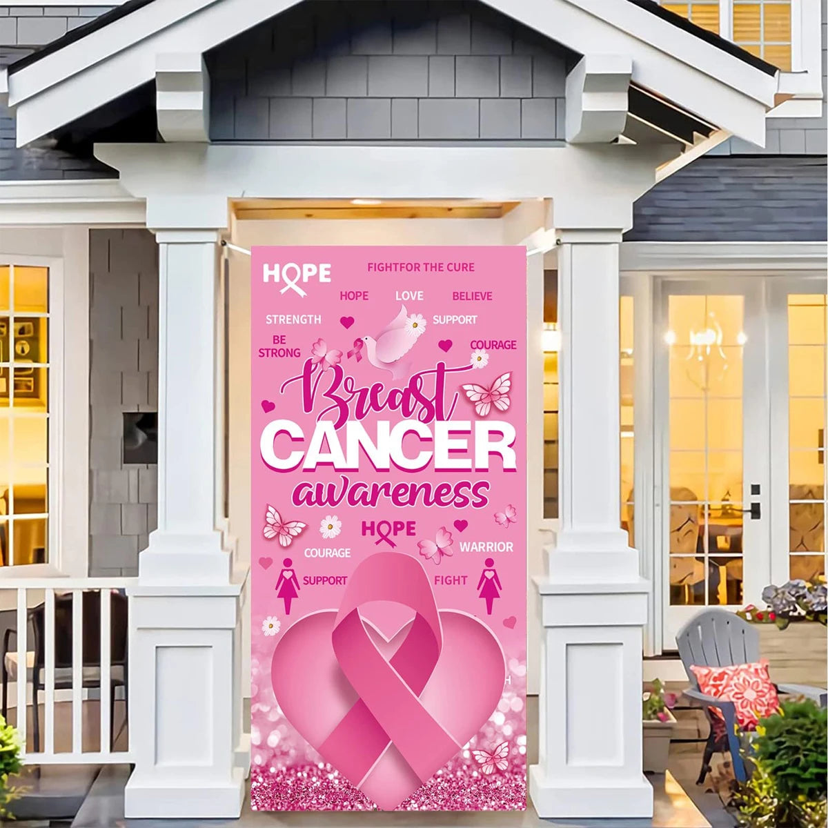 1Pcs Breast Cancer Awareness Decorations Door Banner Hope Strength Courage Faith Banners for Breast Cancer Awareness Decor
