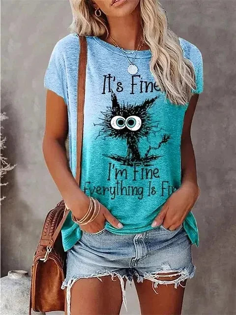 the I'M FINE - 3D Print T-Shirts Women Streetwear Summer Cartoon Cats Fine, Casual Fashion Short Sleeve T Shirt O-neck Tees Tops Clothing
