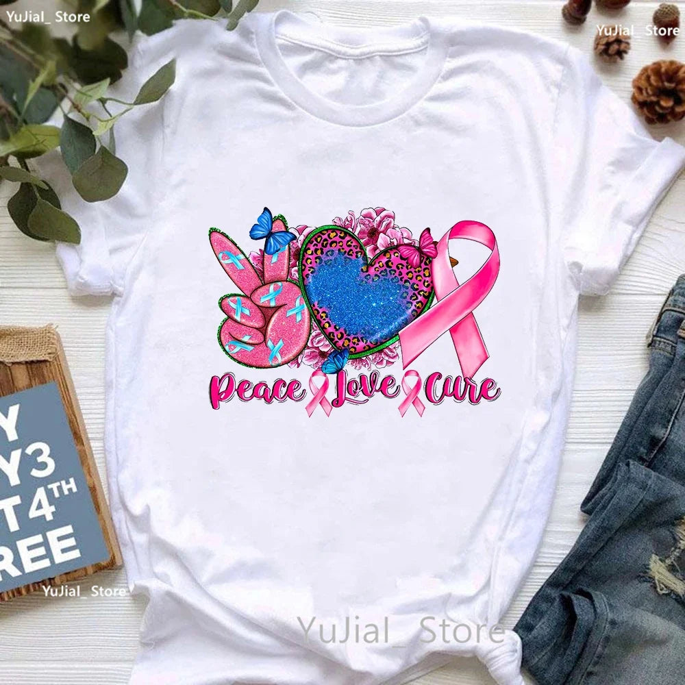 Breast Cancer Awareness Print T Shirt Women Pink High Shoes Tshirt Femme Summer Short Sleeve T-Shirt Female Dropshipping