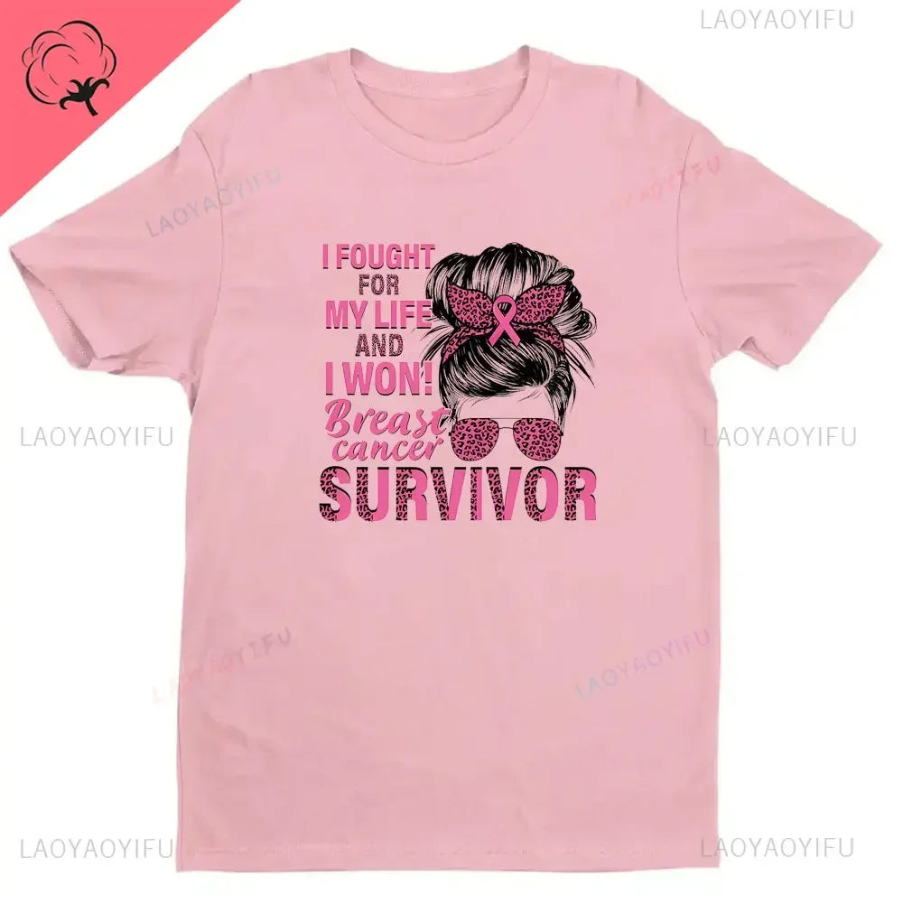 Breast Cancer Awareness Fight Print T Shirt in October We Wear Pink Awareness Ribbon Aesthetic Clothes Pink and White Tops Shirt