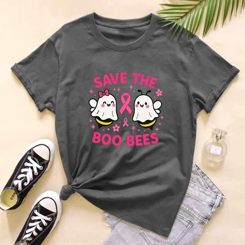 the SAVE THE BOO-BEES - Halloween "Save the Boo Bees" Tees, Funny Ghost Bee Breast Cancer Awareness T-Shirt, Cute Strong Women Pink Ribbon T-Shirt