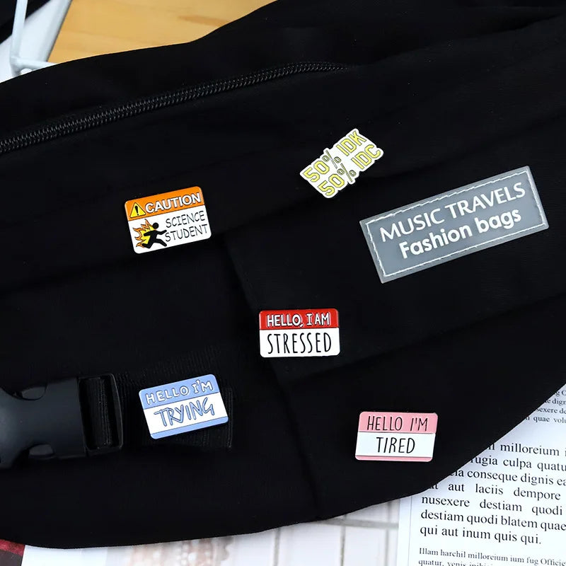 the NAME BADGE - Creative Letter Enamel Brooch Geometry English Short Hello I'm Tired Alloy Pins Badge Clothing Accessories