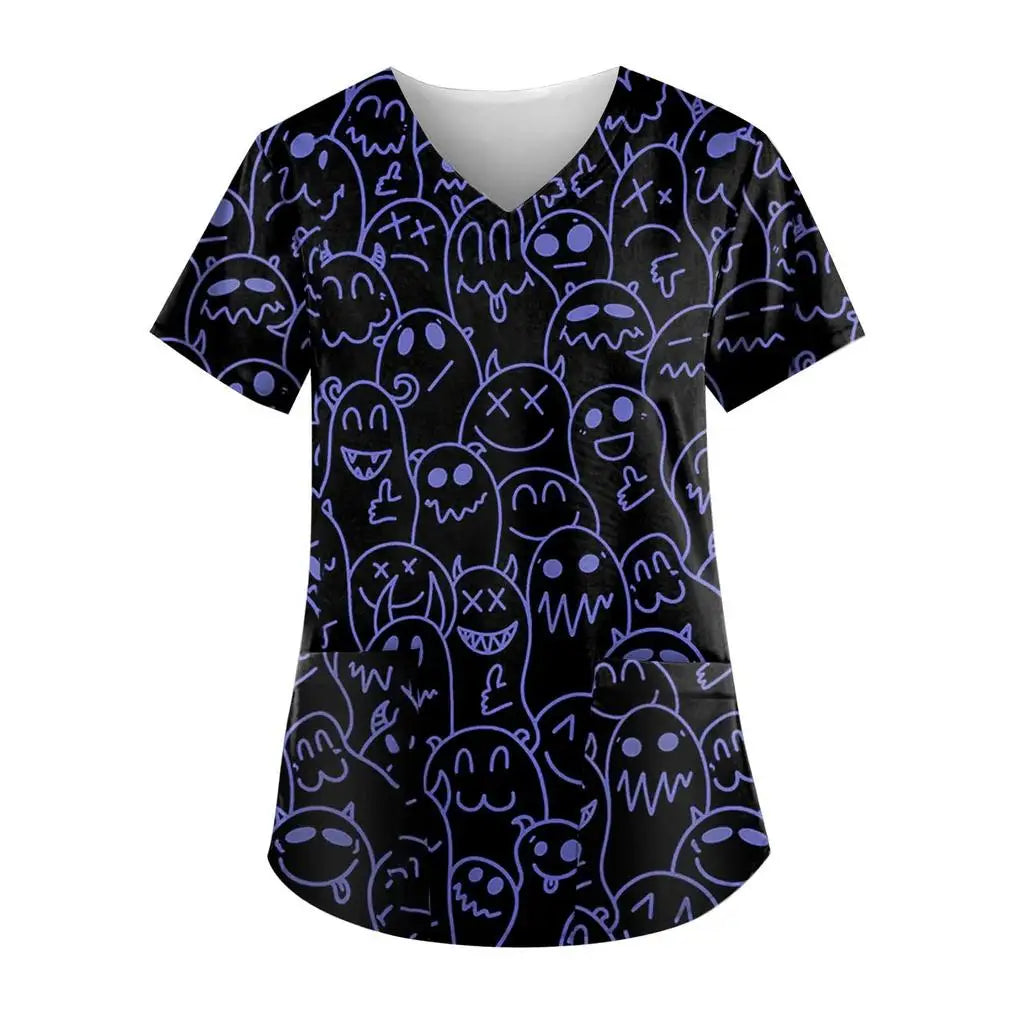 Women's Hospital Uniform Halloween Cartoon Print Dental Nurse Tops V-Neck Short Sleeve with Pocket Tee Medical Uniform for Women