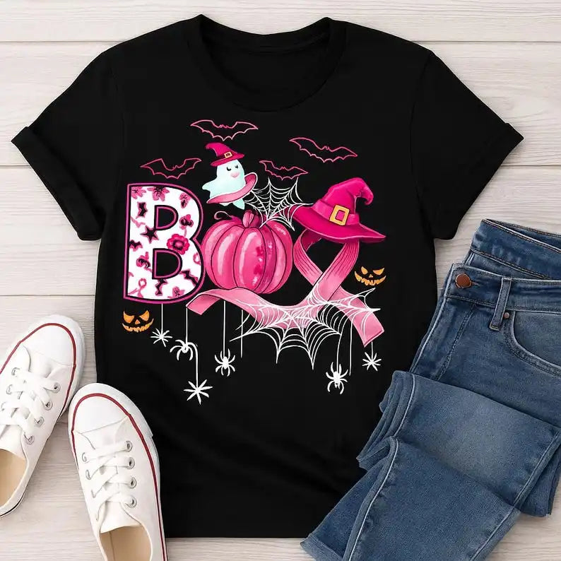 Breast Cancer Boo Shirts Pink Pumpkin Witch Hat Halloween Cancer Tshirt Cancer Awareness Gift Pink October Tee Cotton Tee Tops