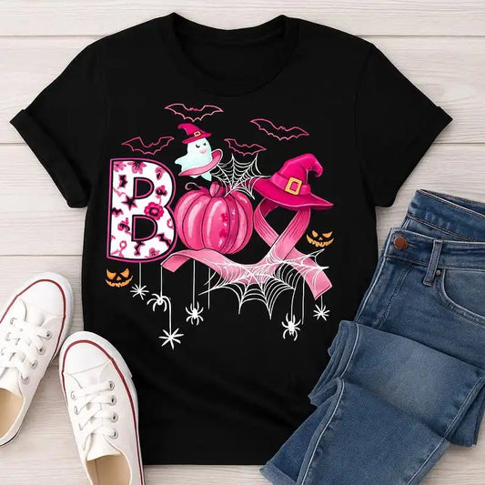 the SPIDEY - Breast Cancer Boo Shirts, Pink Pumpkin Witch Hat Halloween Cancer T-Shirt, Cancer Awareness Gift Pink October Tee, Cotton Tee Tops