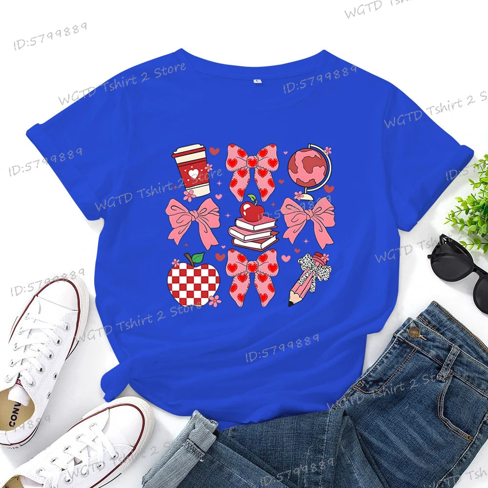 Teacher's Day Graphic Print T-Shirt Teacher Gifts Pink Bows Coquette Crewneck Clothing Back To School Shirt Cute Teacher Tees