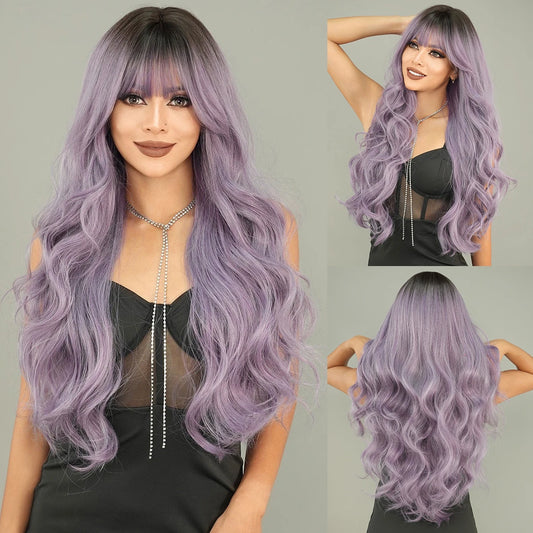 the GODDESS - Long Wavy Grey Purple Wig for Women, Cosplay Daily Party Overhead Dyeing Wavy Synthetic Heat-Resistant Wigs