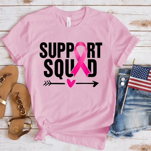 the SUPPORT SQUAD - Breast Cancer Awareness Support Squad Printed Short Sleeve Shirts for Women