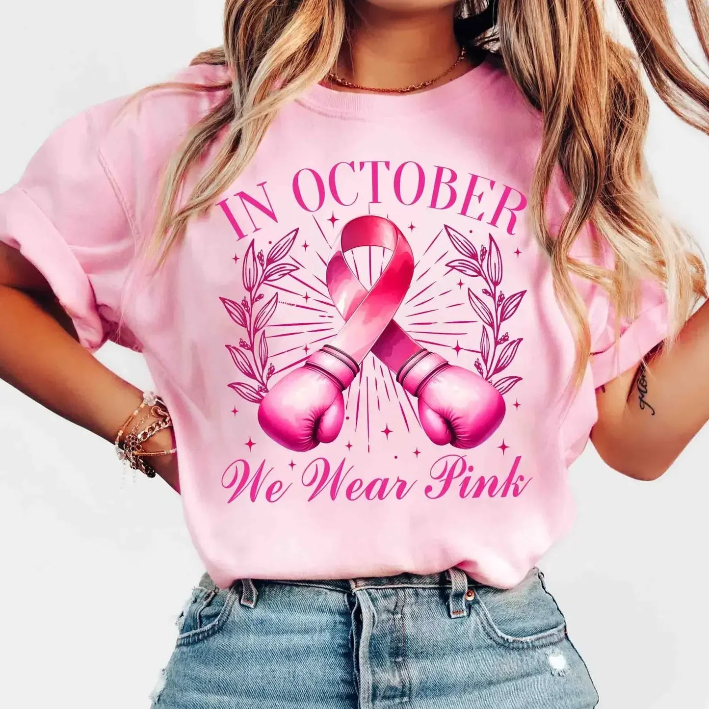 Breast Cancer Awareness Fight Print T Shirt in October We Wear Pink Awareness Ribbon Aesthetic Clothes Pink and White Tops Shirt