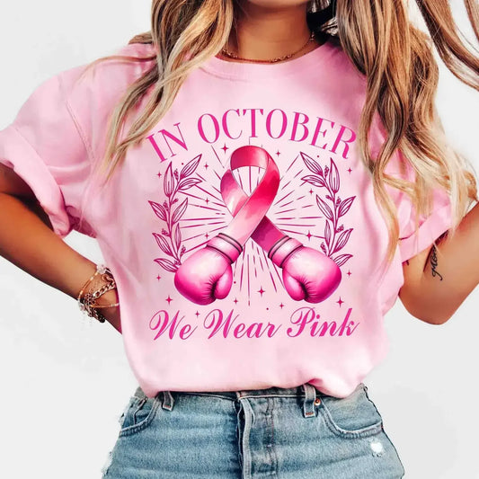 Breast Cancer Awareness Fight Print T Shirt in October We Wear Pink Awareness Ribbon Aesthetic Clothes Pink and White Tops Shirt