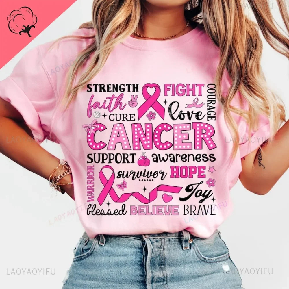 Breast Cancer Awareness Fight Print T Shirt in October We Wear Pink Awareness Ribbon Aesthetic Clothes Pink and White Tops Shirt