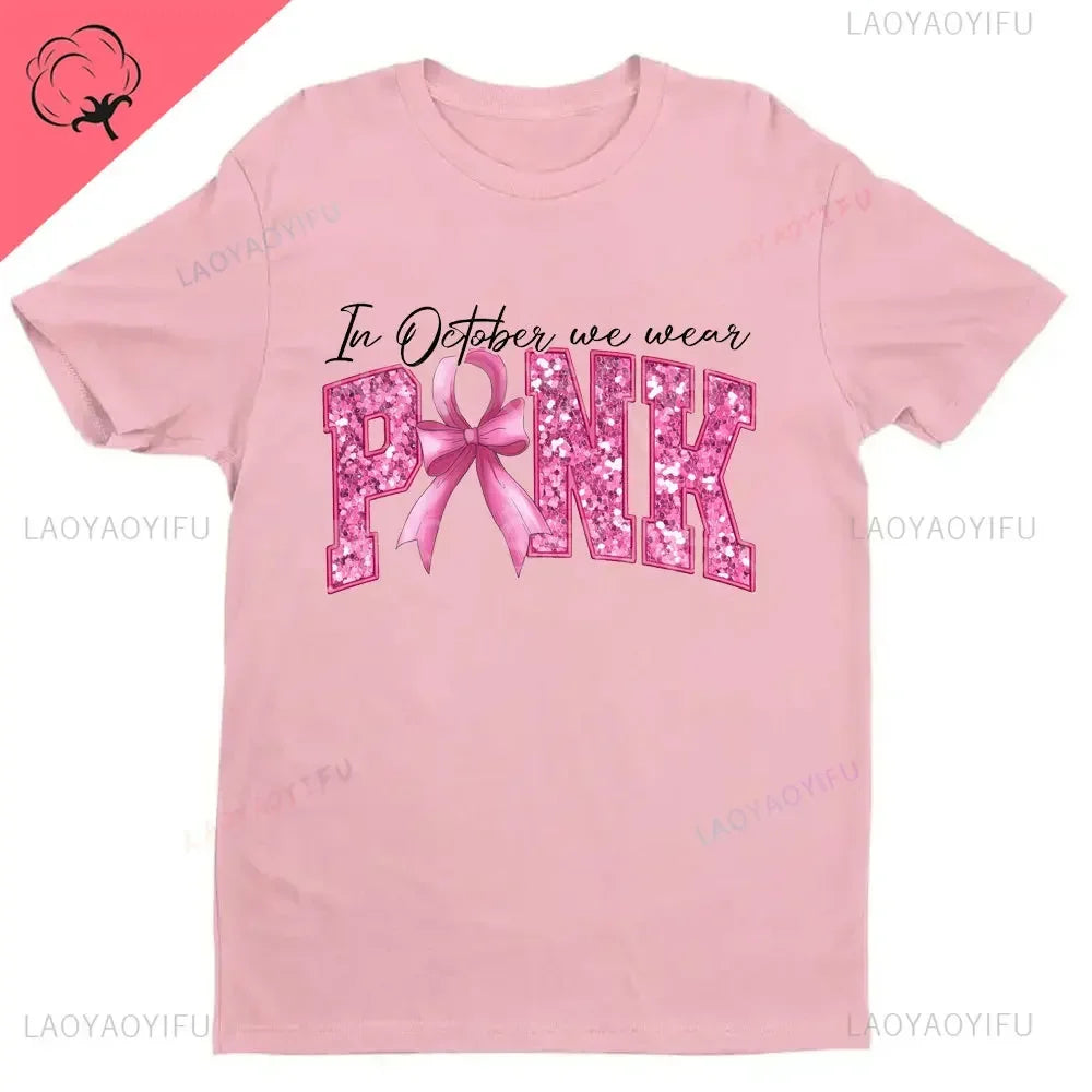 Breast Cancer Awareness Fight Print T Shirt in October We Wear Pink Awareness Ribbon Aesthetic Clothes Pink and White Tops Shirt
