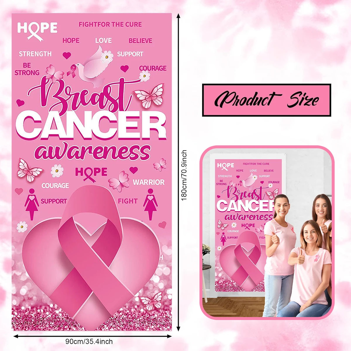 1Pcs Breast Cancer Awareness Decorations Door Banner Hope Strength Courage Faith Banners for Breast Cancer Awareness Decor