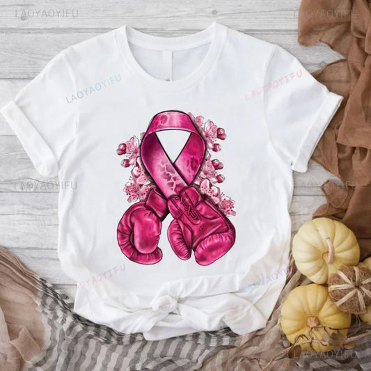 Caring for Women Breast Cancer T-shirt October Pink Ribbon Breast Cancer Awareness Themed Printed Tee Gift for Moms Daughters