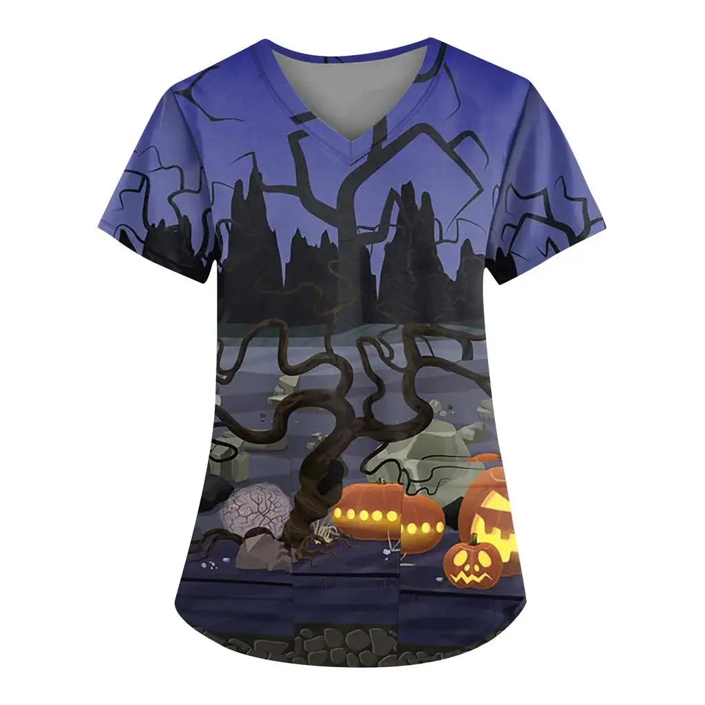 Women's Hospital Uniform Halloween Cartoon Print Dental Nurse Tops V-Neck Short Sleeve with Pocket Tee Medical Uniform for Women