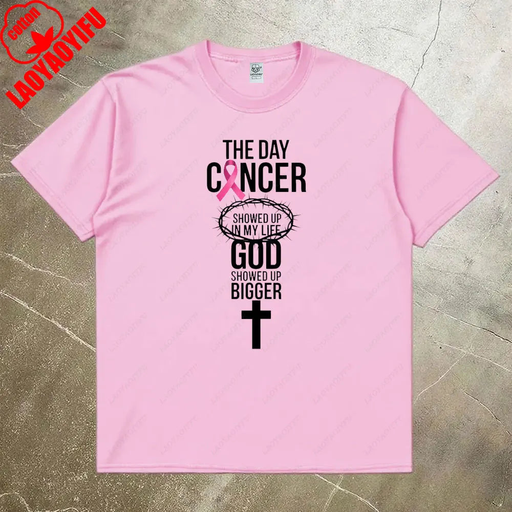 the GOD SHOWED UP - Breast Cancer Awareness Women Shirt, Breast Cancer Awareness God Showed Up Bigger Christian Quote T-Shirts Tops